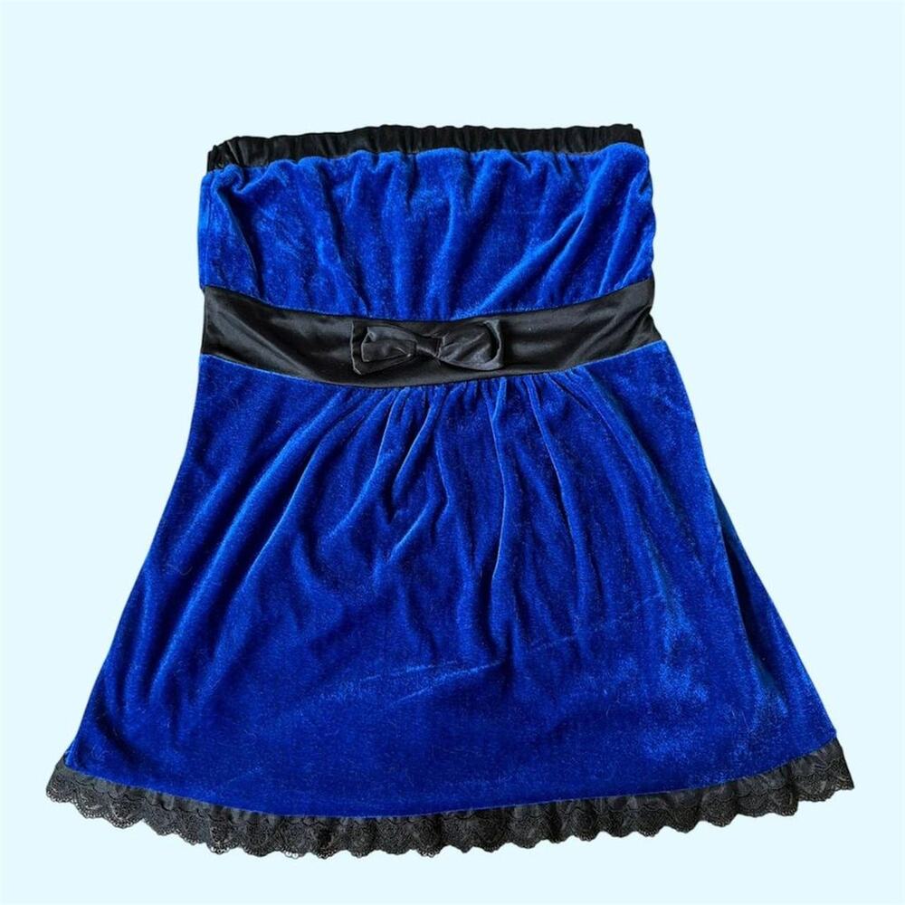Y2K Euro brand Jennyfer Blue velvet strapless babydoll top